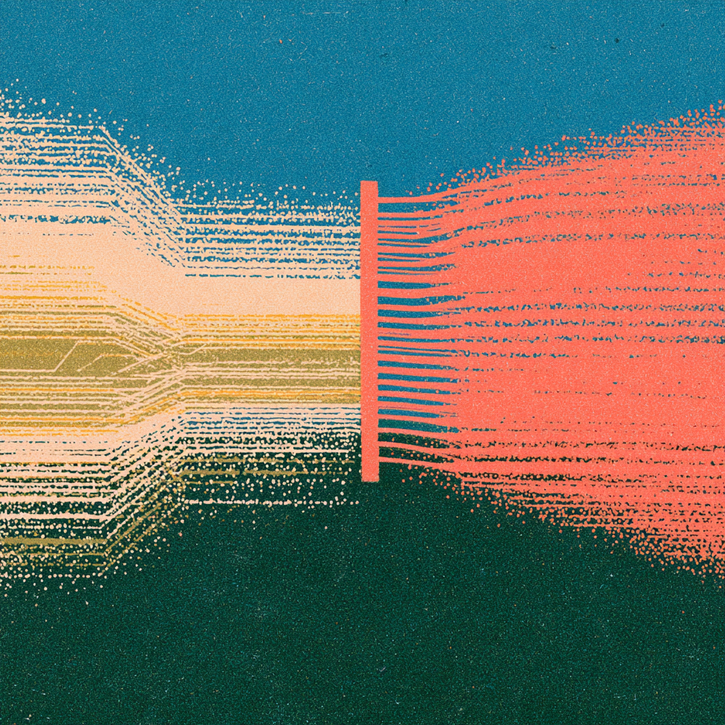 Ilustração abstrata de fluxos têxteis opostos separados por uma barreira